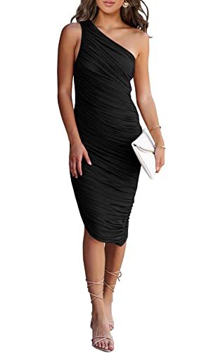 Summer One Shoulder Dresses for Women 2025 Elegant Mesh Ruched Asymmetrical Wedding Guest Cocktail Bodycon Dress