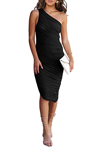 Summer One Shoulder Dresses for Women 2025 Elegant Mesh Ruched Asymmetrical Wedding Guest Cocktail Bodycon Dress