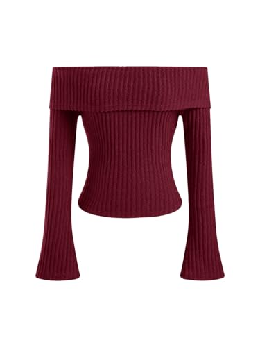 Off The Shoulder Tops for Womens Sexy Long Sleeve Going Out Tops Knit Cropped Top Trendy Slim Fit