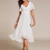 Women's V Neck Ruffle Sleeves Irregular Chiffon A-Line Midi Wedding Guest Dresses 01756