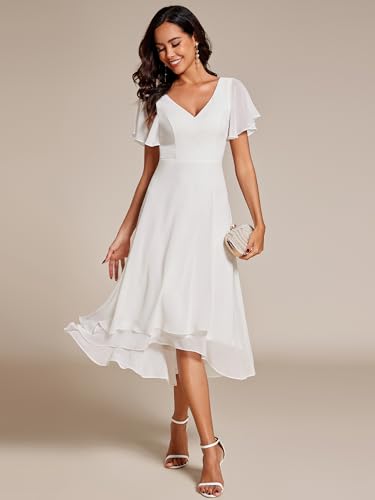 Women's V Neck Ruffle Sleeves Irregular Chiffon A-Line Midi Wedding Guest Dresses 01756