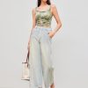 Women's Mesh U Neck Floral Ruched Crop Cami Top