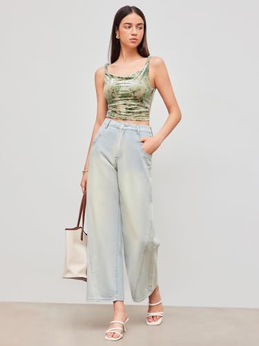 Women's Mesh U Neck Floral Ruched Crop Cami Top