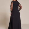 Women's V Neck Trendy Embroidered Long Sleeves A Line Chiffon Split Plus Size Formal Evening Dress 02251-DA