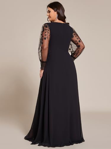 Women's V Neck Trendy Embroidered Long Sleeves A Line Chiffon Split Plus Size Formal Evening Dress 02251-DA