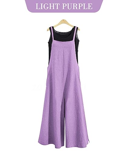 Women Casual Loose Boyfriend Bib Pants Summer Wide Leg Cotton Jumpsuits Rompers with Pockets (S PZZTYP2 Light Purple)