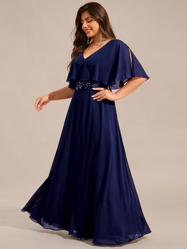 Women's Ball Gown V-Neck A Line Chiffon Applique Shawl Short Sleeves Maxi Plus Size Formal Dresses 02289-DA