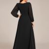 Women's V-Neck Long Sleeves A-Line Pleated Chiffon Floor Length Formal Dress 02235
