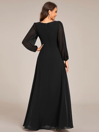 Women's V-Neck Long Sleeves A-Line Pleated Chiffon Floor Length Formal Dress 02235