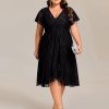 Women's Summer V Neck Short Ruffles Sleeves Lace Midi Plus Size Cocktail Party Formal Dresses
