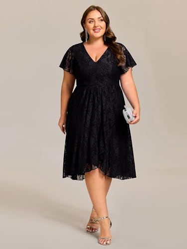 Women's Summer V Neck Short Ruffles Sleeves Lace Midi Plus Size Cocktail Party Formal Dresses