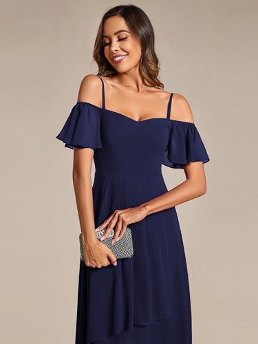 Women's Summer Cold Shoulder Hi-Lo Asymmetrical Hem Flowy Chiffon Short Wedding Guest Dress 02103