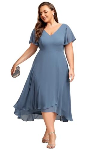 Women's Plus Size V Neck Asymmetric Hem Chiffon Wedding Guest Dress 01756-DA