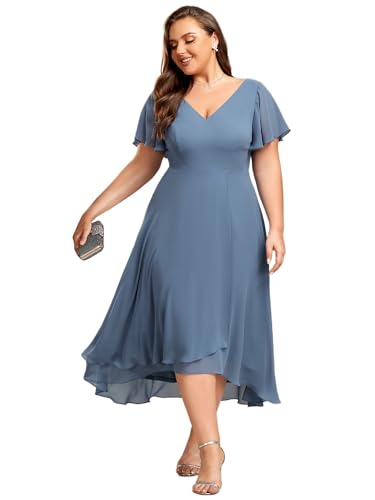 Women's Plus Size V Neck Asymmetric Hem Chiffon Wedding Guest Dress 01756-DA