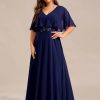 Women's Ball Gown V-Neck A Line Chiffon Applique Shawl Short Sleeves Maxi Plus Size Formal Dresses 02289-DA
