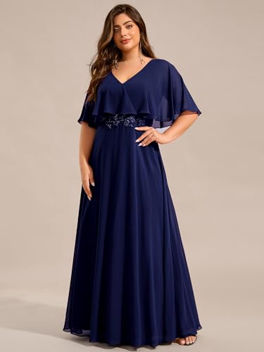 Women's Ball Gown V-Neck A Line Chiffon Applique Shawl Short Sleeves Maxi Plus Size Formal Dresses 02289-DA