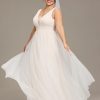 Women's V Neck Sleeveless A Line Pleated Tulle Floor Length Bridal Dresses