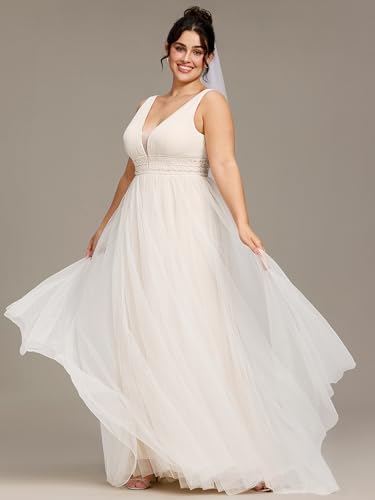 Women's V Neck Sleeveless A Line Pleated Tulle Floor Length Bridal Dresses