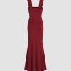 Solid Ruched U-Neckline Ruffle Maxi Dress