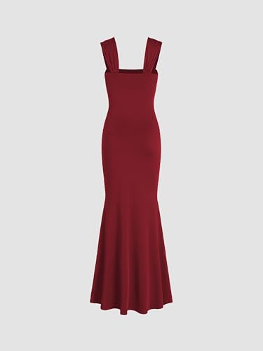 Solid Ruched U-Neckline Ruffle Maxi Dress