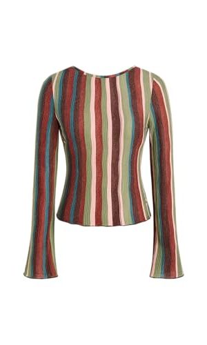 Striped Long Sleeve Shirts for Women Bell Sleeve Tops Crew Neck Color Block Trendy Casual Tops