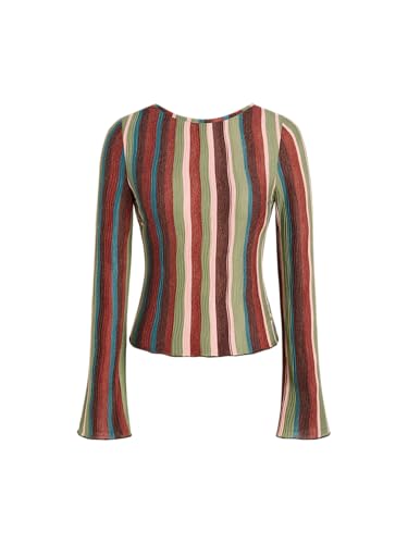 Striped Long Sleeve Shirts for Women Bell Sleeve Tops Crew Neck Color Block Trendy Casual Tops