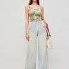 Women's Mesh U Neck Floral Ruched Crop Cami Top