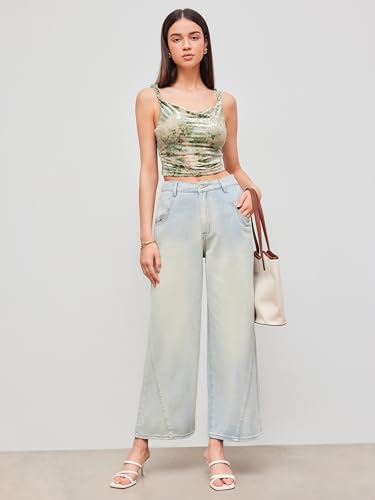 Women's Mesh U Neck Floral Ruched Crop Cami Top