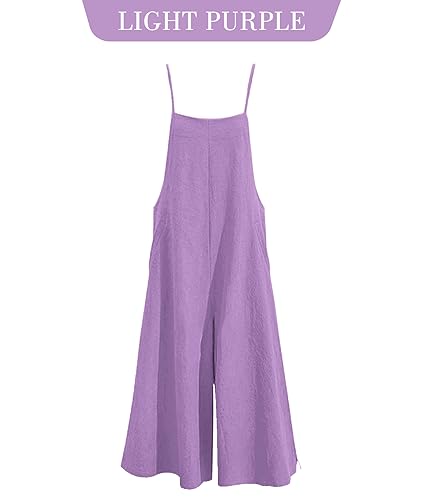 Women Casual Loose Boyfriend Bib Pants Summer Wide Leg Cotton Jumpsuits Rompers with Pockets (S PZZTYP2 Light Purple)