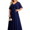 Women's Ball Gown V-Neck A Line Chiffon Applique Shawl Short Sleeves Maxi Plus Size Formal Dresses 02289-DA
