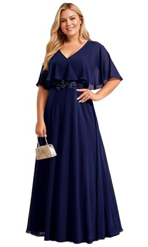 Women's Ball Gown V-Neck A Line Chiffon Applique Shawl Short Sleeves Maxi Plus Size Formal Dresses 02289-DA