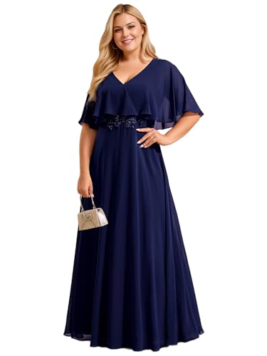 Women's Ball Gown V-Neck A Line Chiffon Applique Shawl Short Sleeves Maxi Plus Size Formal Dresses 02289-DA