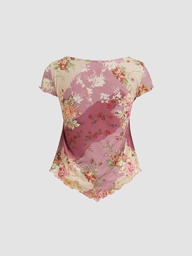Floral Tops for Women V Neck Short Sleeve Tie Front Summer Tops