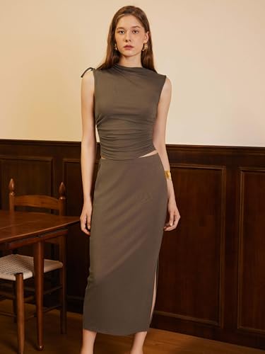 Women's Sleeveless Tie Shoulder Tank Top & Midi Skirt Elegant Set