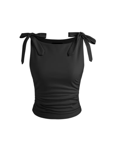 Crop Tank Tops for Women Bowknot Ruched Solid Scoop Neck Sleeveless Fitted Tops