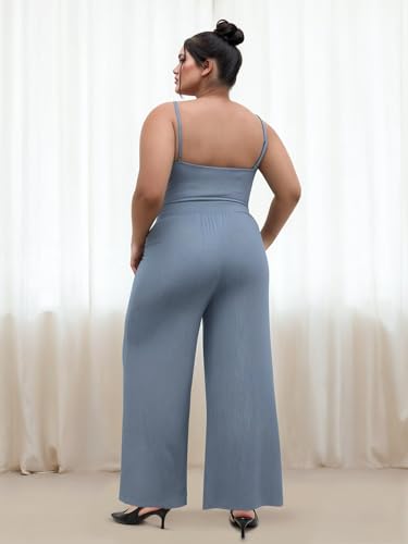 Plus Size Jumpsuits For Curvy Women V Neck Sleeveless Spaghettis Strap Wide Leg Overalls Casual Summer Outfits