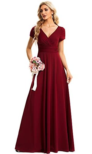 Women's Formal Dress Ruched Waist V Neck A Line Bridesmiad Dress with Sleeves 01730