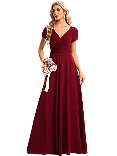 Women's Formal Dress Ruched Waist V Neck A Line Bridesmiad Dress with Sleeves 01730