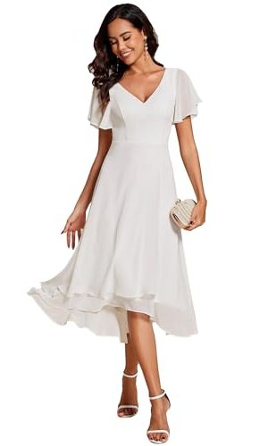 Women's V Neck Ruffle Sleeves Irregular Chiffon A-Line Midi Wedding Guest Dresses 01756
