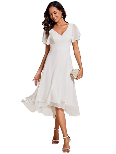 Women's V Neck Ruffle Sleeves Irregular Chiffon A-Line Midi Wedding Guest Dresses 01756