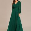 Women's Formal Dresses Long Sleeve V Neck Empire Waist A Line Beading Floor Length Wedding Guest Dress 01981