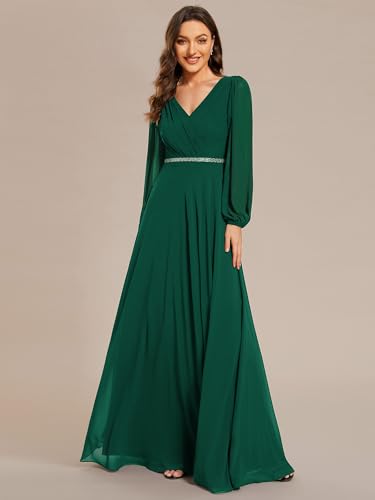 Women's Formal Dresses Long Sleeve V Neck Empire Waist A Line Beading Floor Length Wedding Guest Dress 01981