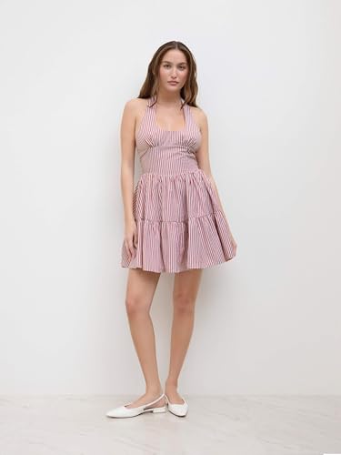 Women's Halter Mini Dress for Summer Striped Sleeveless Shirred Ruffle Dress Sexy Cute Vacation Outfits