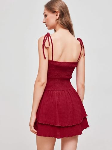 Women's Summer Mini Cocktail Dress Strap Ruched Square Neck Layered Sleeveless A Line Short Dress Trendy