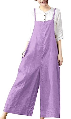 Women Casual Loose Boyfriend Bib Pants Summer Wide Leg Cotton Jumpsuits Rompers with Pockets (S PZZTYP2 Light Purple)