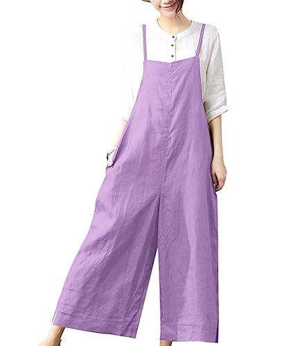 Women Casual Loose Boyfriend Bib Pants Summer Wide Leg Cotton Jumpsuits Rompers with Pockets (S PZZTYP2 Light Purple)