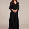Women's V-Neck Long Sleeves A-Line Pleated Chiffon Floor Length Formal Dress 02235