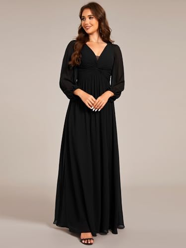 Women's V-Neck Long Sleeves A-Line Pleated Chiffon Floor Length Formal Dress 02235