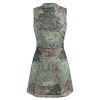Mini Dress Floral Sundress Ruched Dress Stand Neck Middle Waist Elegant Party Cocktail Clubbing Dresses