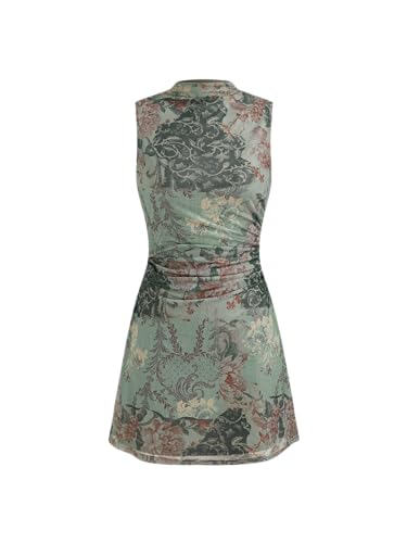 Mini Dress Floral Sundress Ruched Dress Stand Neck Middle Waist Elegant Party Cocktail Clubbing Dresses